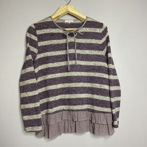 Easel Striped purple and cream ruffle hem V Neck Tunic‎ sweater  Women's Size M